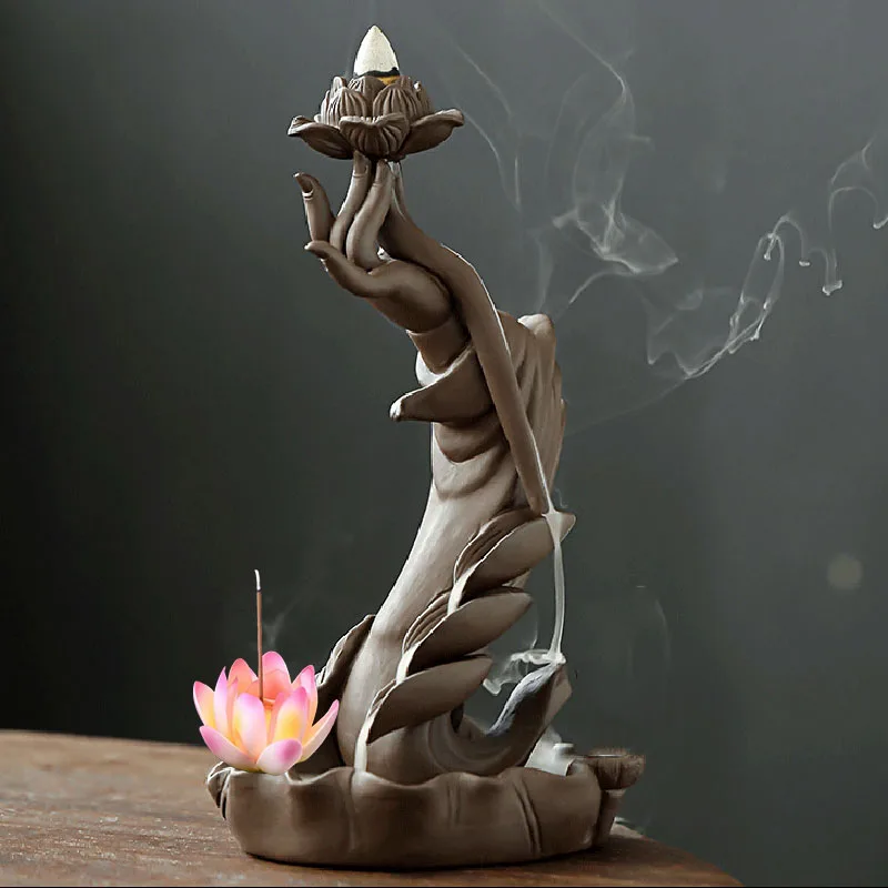 Large Buddha Hand Lotus Backflow Incense Burner, Home Decoration LED Light Circle Pink Lotus White Flower Backflow Incense Seat