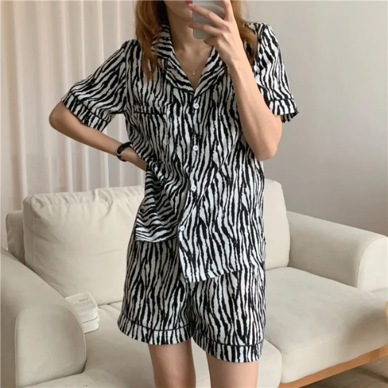 Women\'s Sleepwear Loungewear Set Short-Sleeved Shorts Pajamas Homewear Cardigan Lapel Leopard Print Sweet Cartoon Nightwear