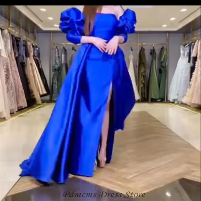 PDMCMS Fuschia Satin Mermaid Evening Dresses With Detachable Train Strapless Long Sleeves Split Arabic Red Celebrity Prom Gowns