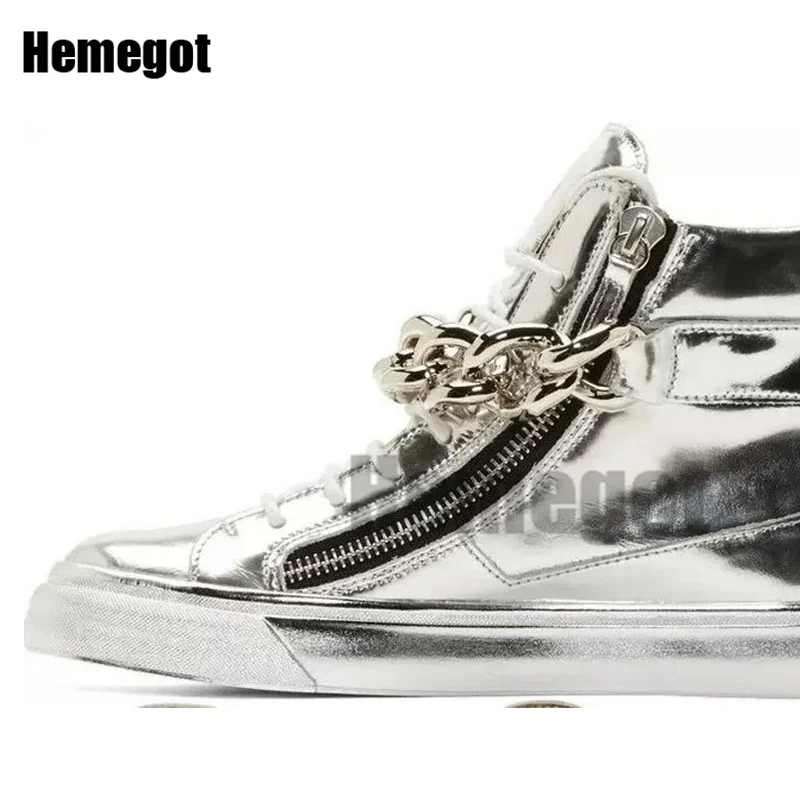 High-Top Gold Chain Silver Chain Men\'s Shoes Sweat-Absorbing Breathable First Layer Leather Couple Casual Shoes Sneakers for Men