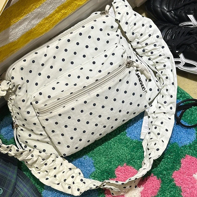 Koreanische Umhängetasche aus Segeltuch mit Polka Dots, leichte, lässige Damen-Umhängetasche für den Sommer, süße, niedliche, vielseitige Pendler-Handtasche – Detail 2
