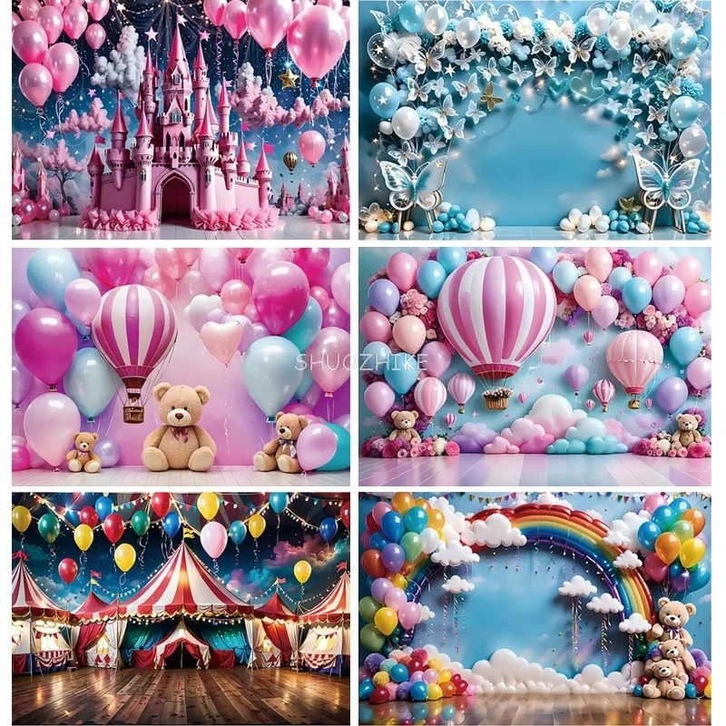 

Colorful Hot Air Balloons Clouds Photography Background Bear Baby Happy Birthday Party Banner Newborn Gender Reveal Backdrops