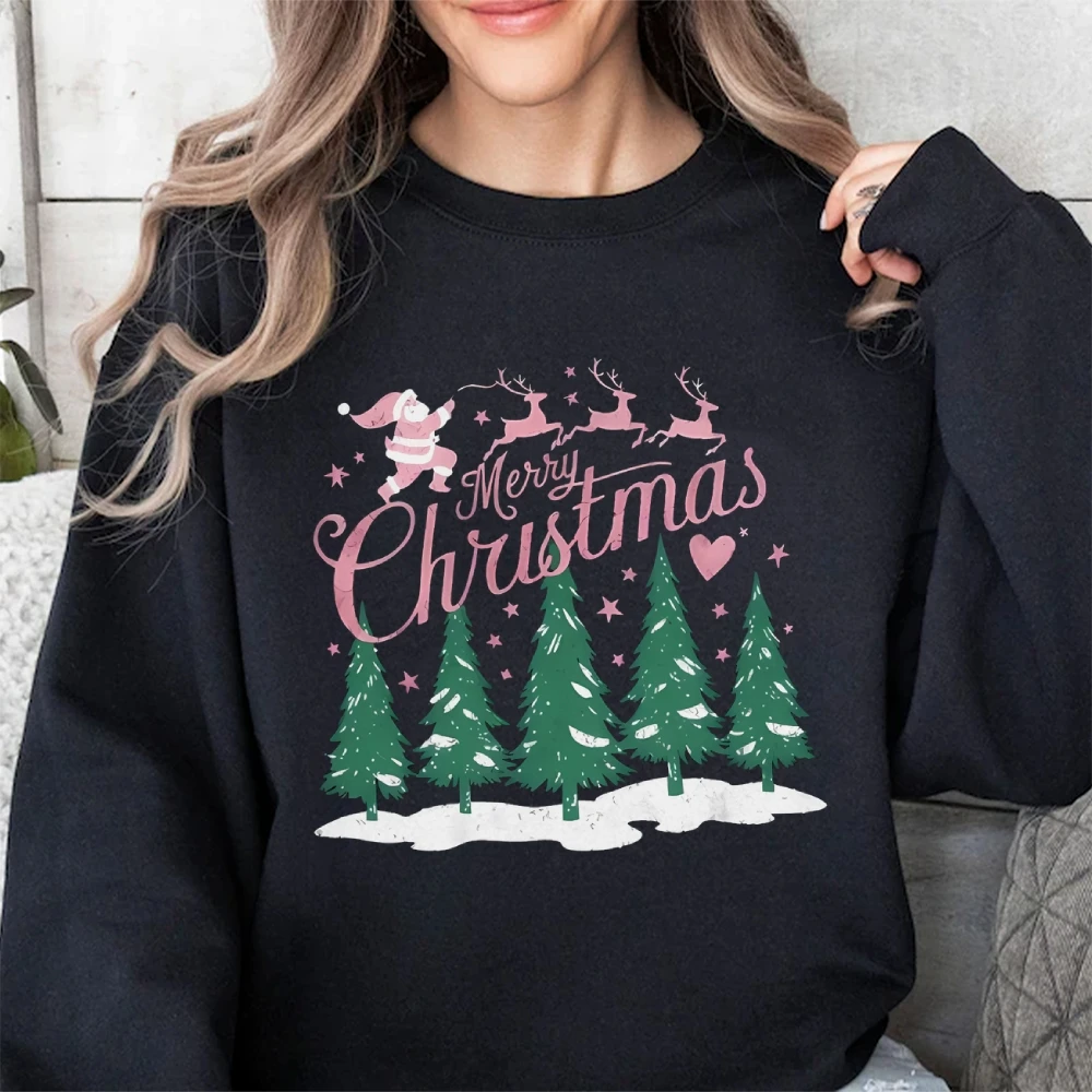 Christmas-Themed Sweatshirt for Women Green Christmas Trees Deer Running Across Snowy Terrain Women's Top Holiday Season Sweater