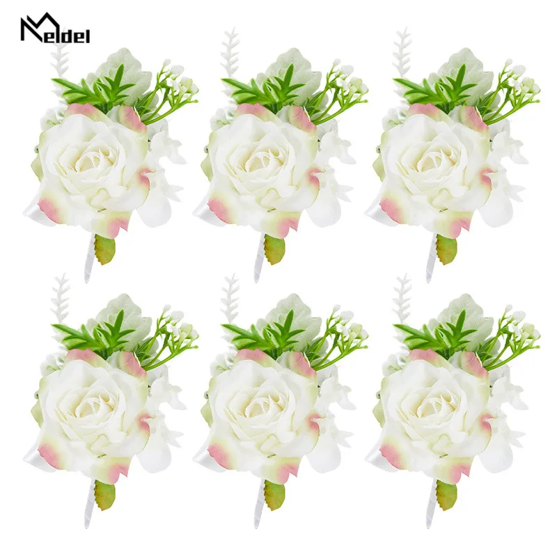 6 pz Champange bianco Groomsman Boutonnieres fiori rose artificiali da sposa damigella d'onore ragazza bracciali fiori corpetto da polso