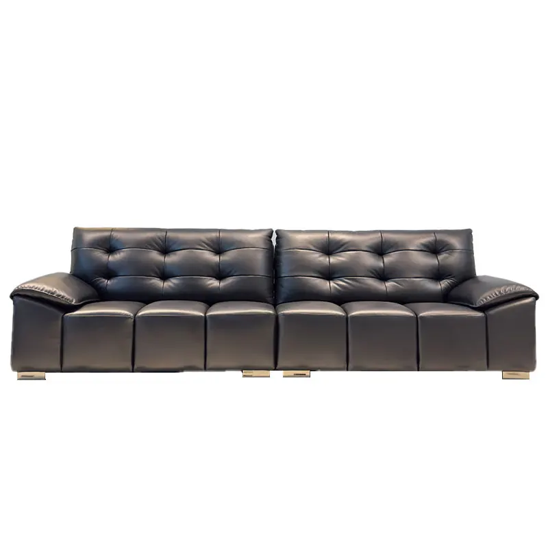 #Living Room with Small Leather Apartment in the Middle and Old Bauhaus Large Seating Deep Straight Line Cowhide Sofa