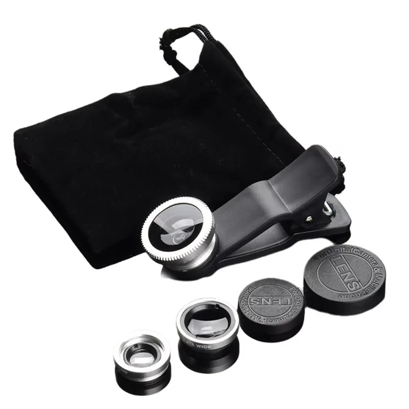 Suitable For Mobile Phone Lenses Magnifying Glasses 180 Degree Fisheye Wide Angle Macro Selfie Sticks Three In One Clip Lens ABS