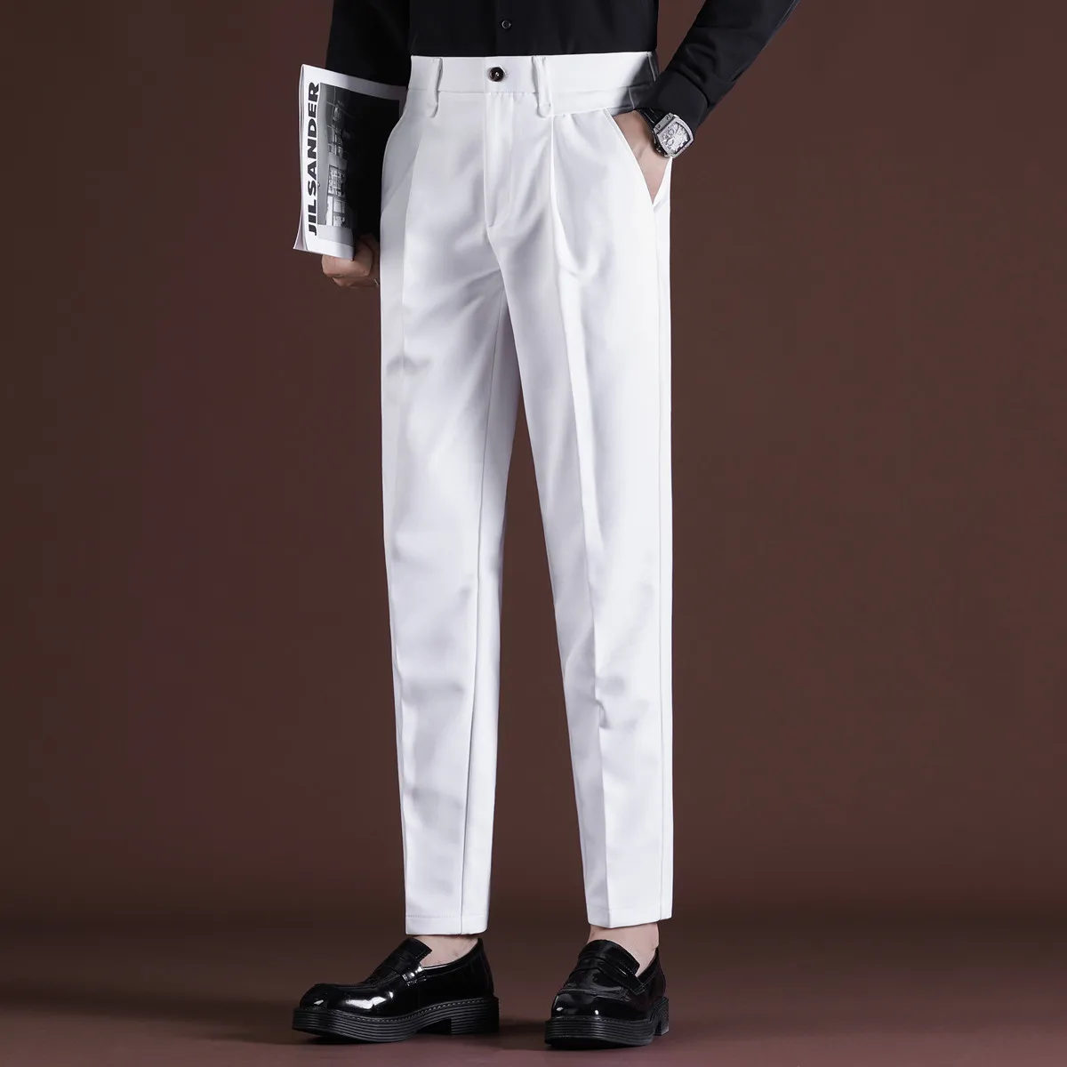 

White Tapered Trouser | Adjustable Waist & Cropped Silhouette (Business Casual Refined) Daily Youth Slim Fit Pants 28-38