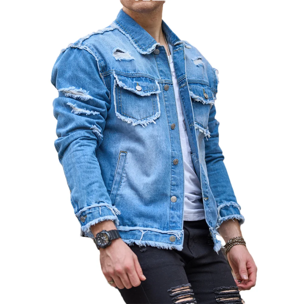 Street Stylish Holes Design Slim Men Denim Jacket Coat High Quality Male Distressed Casual Denim Jacket