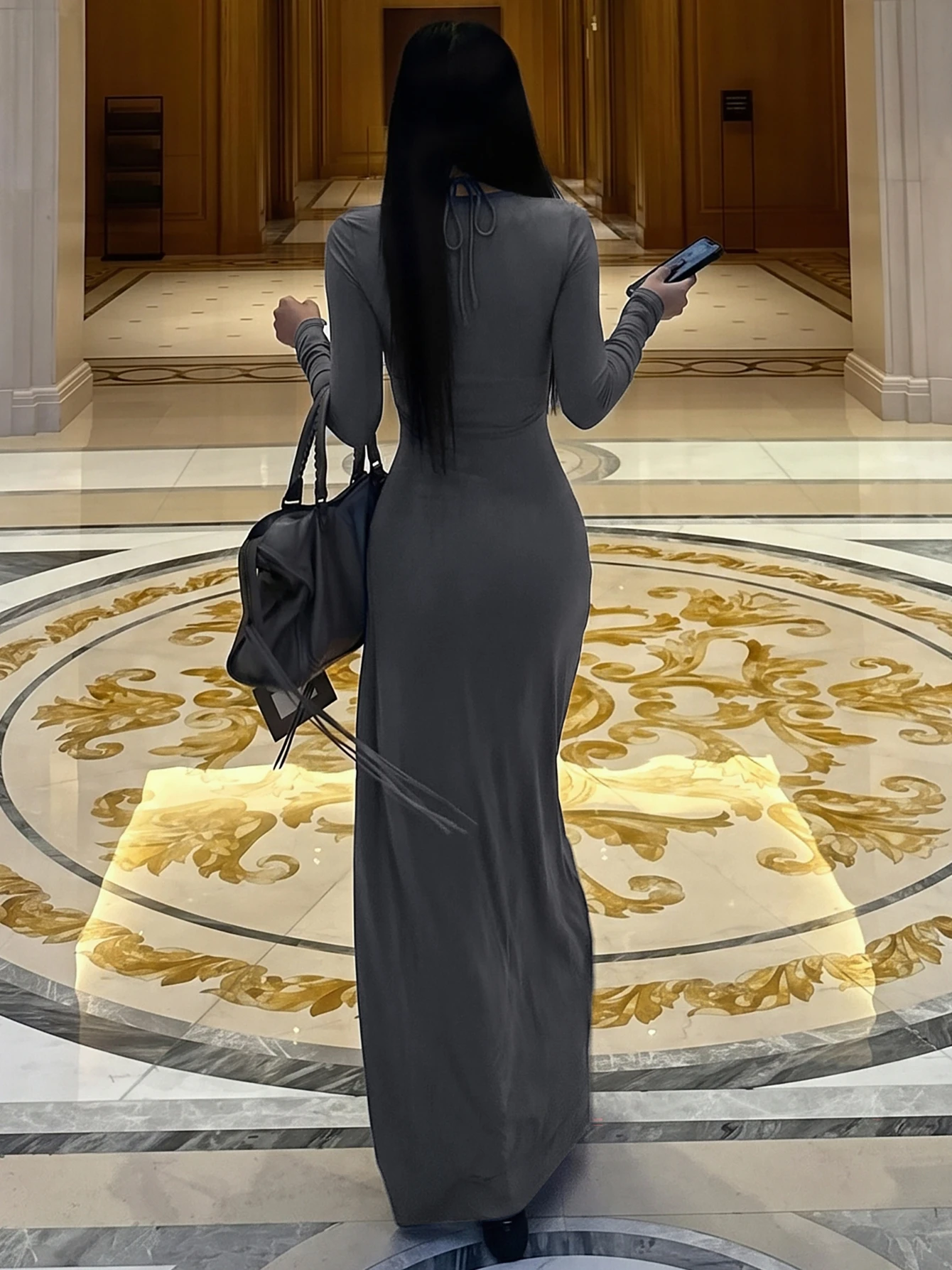 Hugcitar Fashion Halter Square Collar Ruched Long Sleeve Solid Lace Up Maxi Dress Fall Winter Women Clothes Party Vacation Club