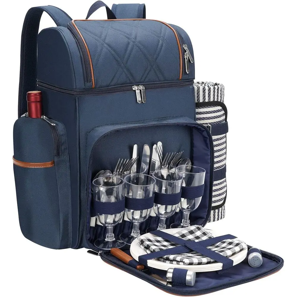 

Picnic Backpack Set with Insulated Cooler, Wine Pouch, Blanket, Ideal for Beach, Camping, Parks (Navy Blue)