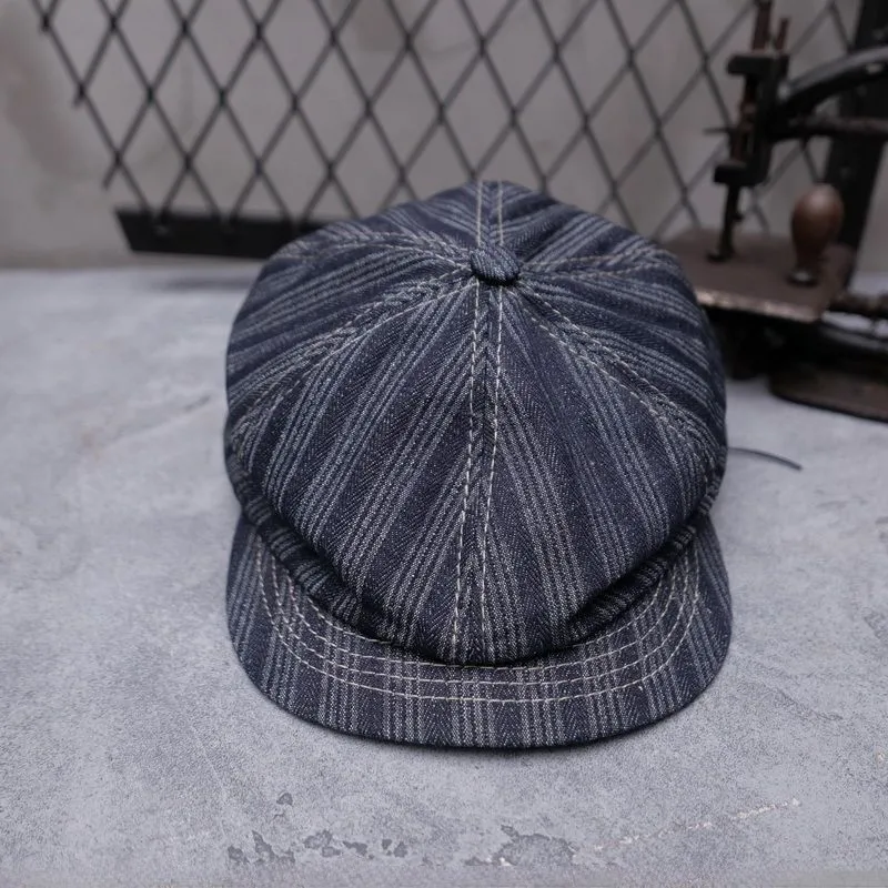 

Vintage Denim Octagonal Cap Striped Distressed Newsboy Painter's Unisex Stylish Hat