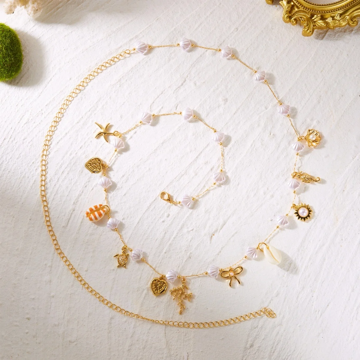 Acryl-Muschel-Sonnenkorallen-Bowknot-Seepferdchen-Taucherquasten-Taillenkette für Damen und Herren – Boho-Ozean-Herz-Bauchkette als Körperschmuck – Detail 20