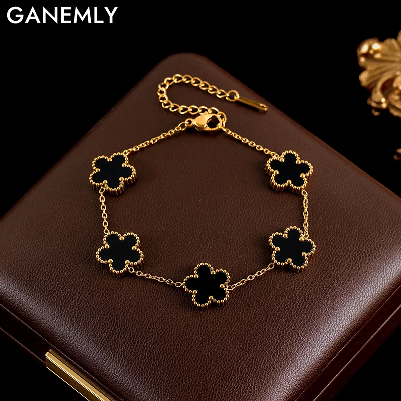GANEMLY 316L الفولاذ المقاوم للصدأ الأسود زهرة النبات سوار مع خمس أوراق بتلات المرأة الفاخرة البرسيم مجوهرات هدايا العيد