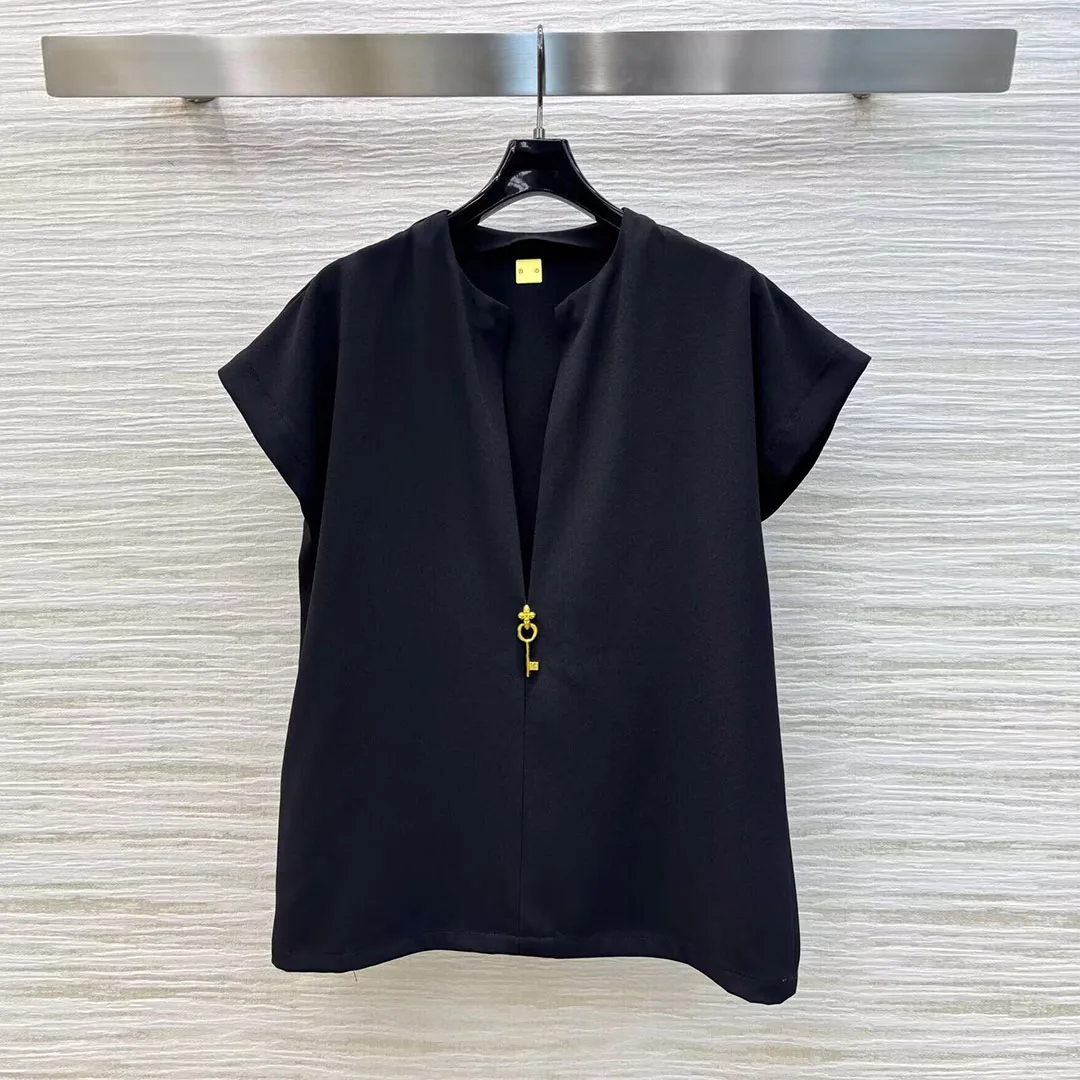 

2025 New Summer Fashion Chiffon Casual Blouse Women V-neck Gold Button Key Short Sleeve Loose Shirt Tops
