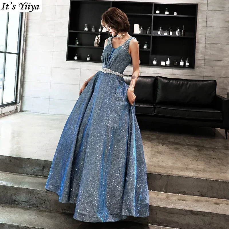 

It's Yiiya Evening Dress Blue Shining Bead Crystal V-neck Sleeveless A-line Floor Length Plus size Women Party Formal Gowns E072