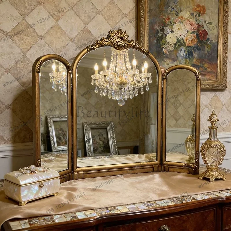 YJ French Vintage Tri Fold Desktop Vanity Mirror European Foldable 3 Panel Makeup Mirror For Bathroom Dressing Table