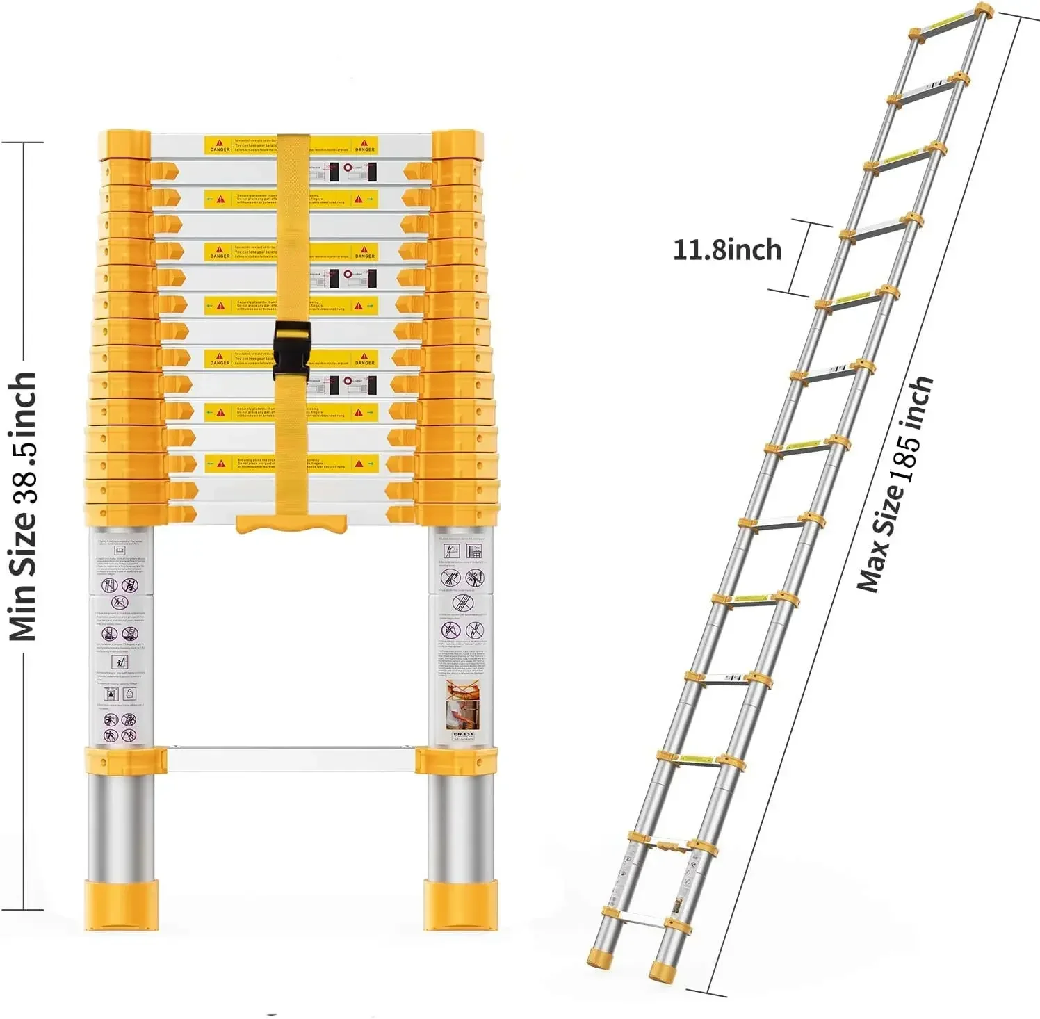 Tangga Telescoping, tangga lipat aluminium 15.5FT dengan Kaki anti selip, tangga bisa diperpanjang ekstensi teleskopik