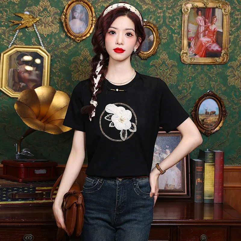 

Vintage Chinese style short Sleeve embroidery T-shirts for ladies Trendy women Tees 2024 Spring Summer Casual Tops