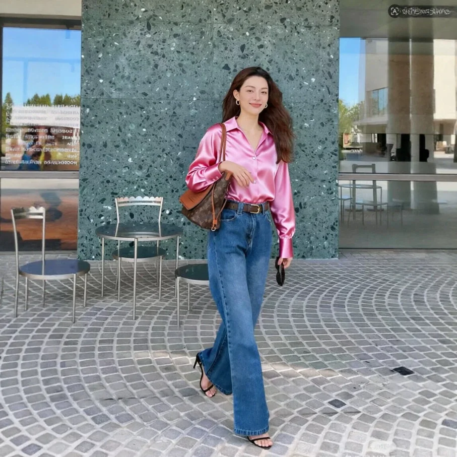 

Vacation Wear Silk Long Sleeve Women's Shirt Vin Home Clock Xuchixi Twill Cutout High End Feeling Soft Satin Fabric Pure Color