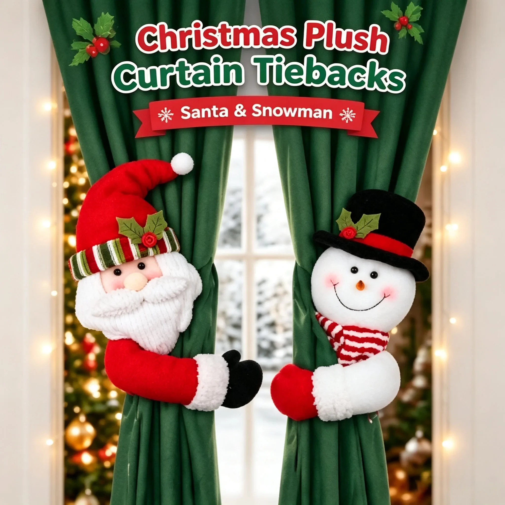 Santa Snowman Holdbacks Christmas Plush Curtain Tie Backs Detachable Velcro Design Festive Home Window Decor for Xmas Party