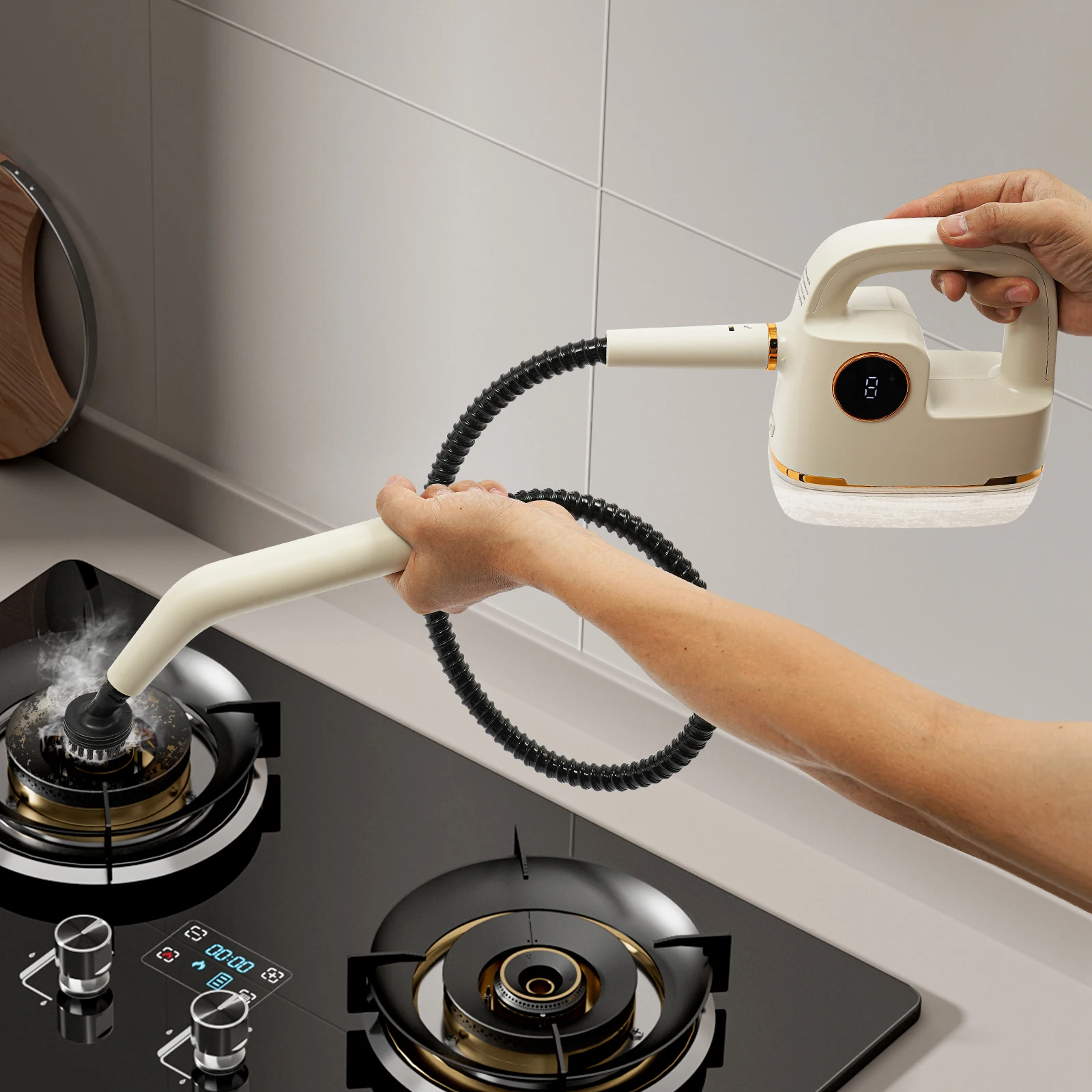 Limpador a vapor de alta temperatura, limpador a vapor portátil com display digital, limpador a vapor doméstico com vários acessórios, bege