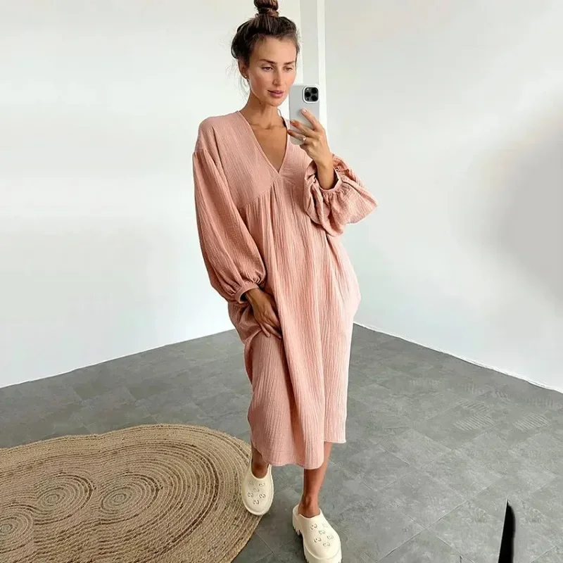 Chic 100% Cotton Muslin Lantern Sleeve Dress Women Loose Sexy V-Neck Casual Spring Summer White Derss Elegant Robe Vestido Mujer