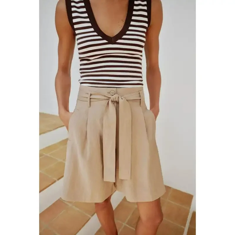 Fashionable  Knot Waist Belt Casual Shorts Women's New Arrival Spring Summer Natural Waist Button Polyester Fiber