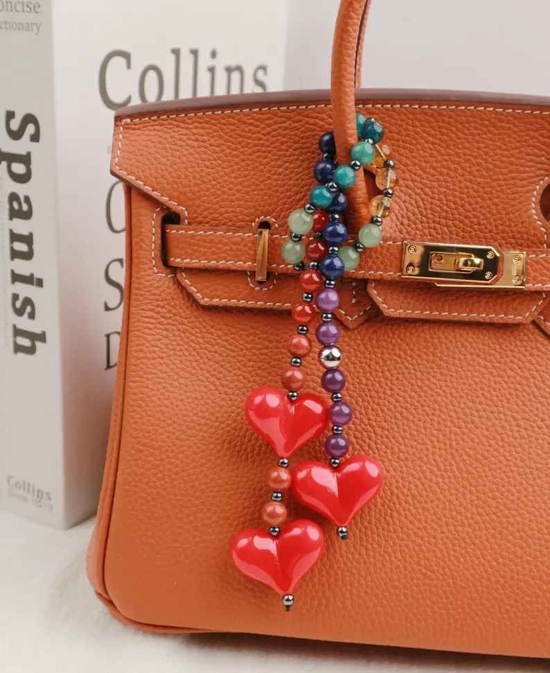 

Y2K Bag Charm for Women Red Love Heart Beaded Bag Chain Accessory Colorful Natural Stone Beads Charm Gift for Her