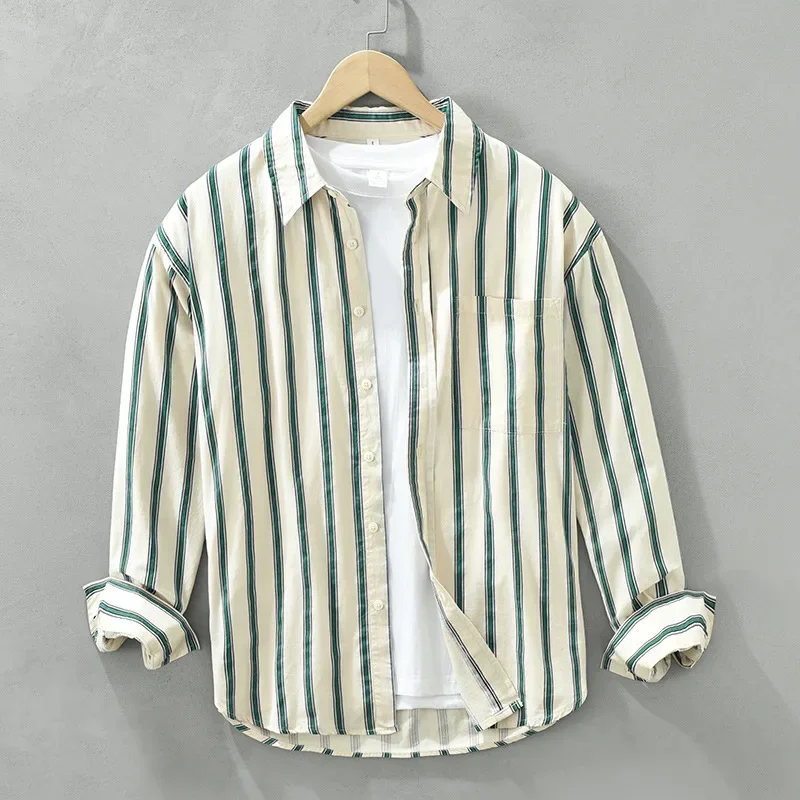 

Japanese Fashion Mens Striped Shirt Spring Fall Daily Casual Shirts Lapel Pocket Pure Cotton Long Sleeve Shirt Man Loose Shirts