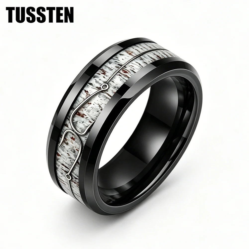 Dropshipping  TUSSTEN 6/8MM Men Women Black Tungsten Carbide Wedding Band Ring Inlaid Deer Antler And Fish Hook