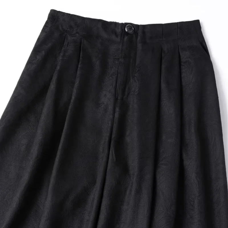 Birdtree 28M 100% Real Spun Silk Solid Pants,Women Jacquard Elastic Waist Autumn French Style Wide Leg Pant With Pocket P58002JF