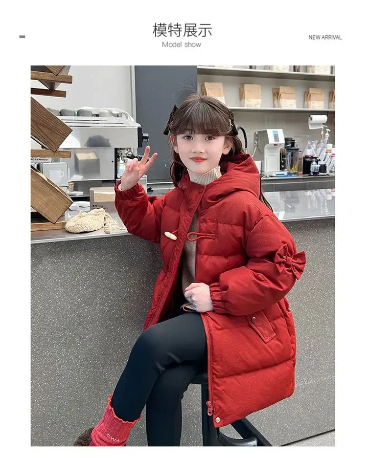 

Girls Long Down Cotton Jacket Hooded Long Outerwear Children Princess Parkas Cute Kids Thick Warm Red Black Snow Clothes TR196