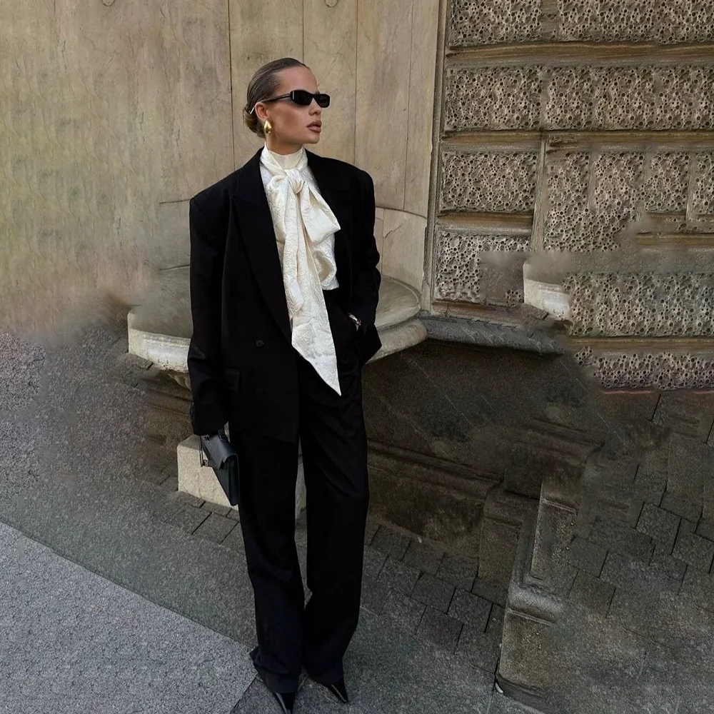 

Роскошный комплект из чистого черного блейзера, комплект из 2 предметов, куртка, брюки, умный повседневный женский костюм, высококачественный Conjunto De Dos Piezas Para Mujer Elegante