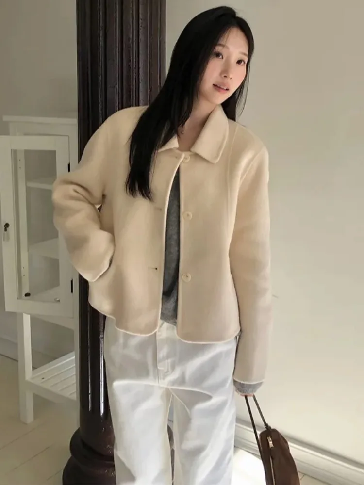 Korean Style Short Woolen Coat Women's Fashion Turn-down Collar Single Button Ladies' Outerwear Soft And Beautiful