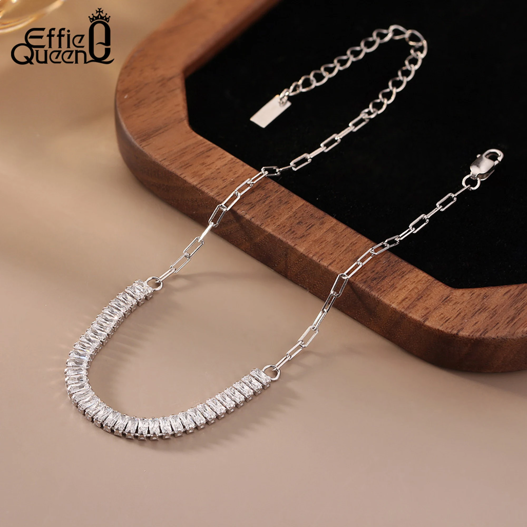 

EFFIE QUEEN S925 Серебро 14 К Позолоченный Современный Изумрудный Цирконий С Цепочкой Скрепки Теннисный Браслет Носить Подарок SB215