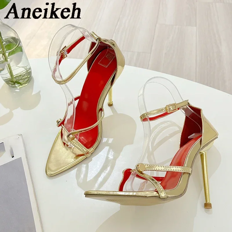 Aneikeh 2025 New Gold Silver Ankle Strap Sandals Heels Women Wedding Banquet Sexy Metal Pointed Toe Stripper Shoes Sandalias