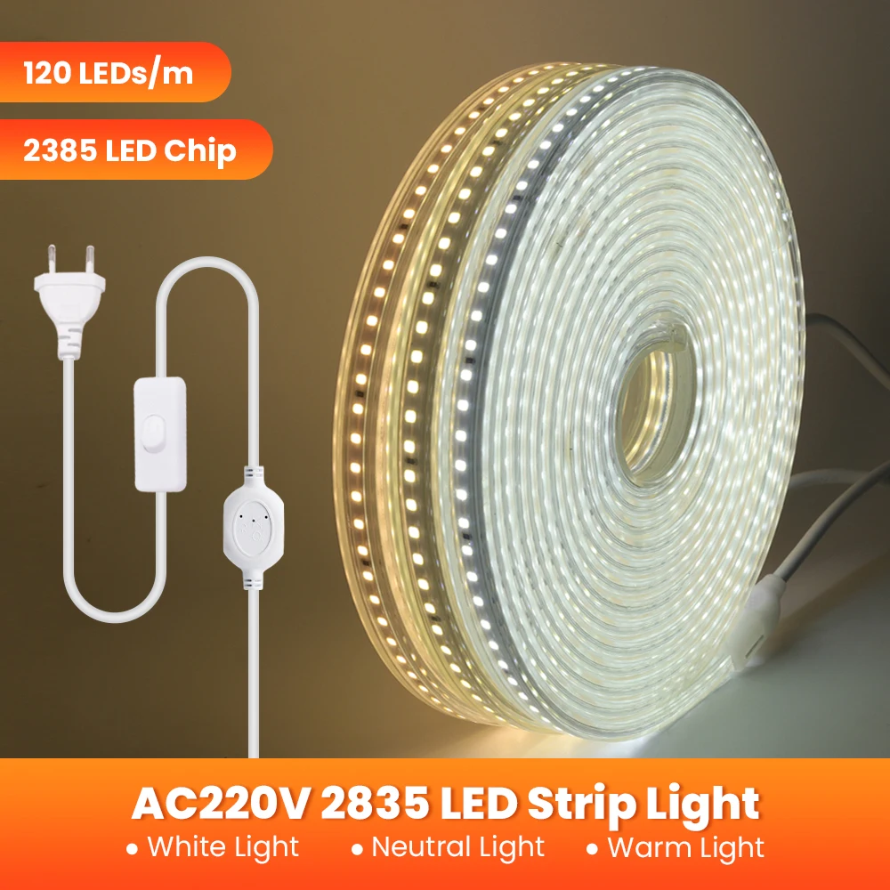 

Super Bright 220V 2835 LED Strip Lights with Switch 120Leds/m Flexible Outdoor Lamp Home Decor IP67 Waterproof LED Tape EU UK