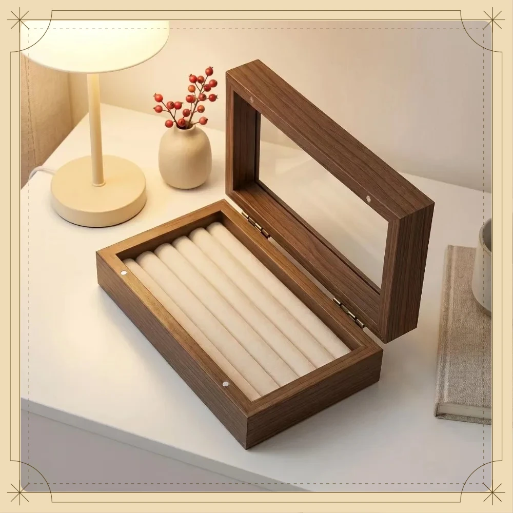 Elegant Wood Grain Single Layer Jewelry Storage Box Flip Top Visible Display Case for Rings Earrings Daily Jewellery Organizer