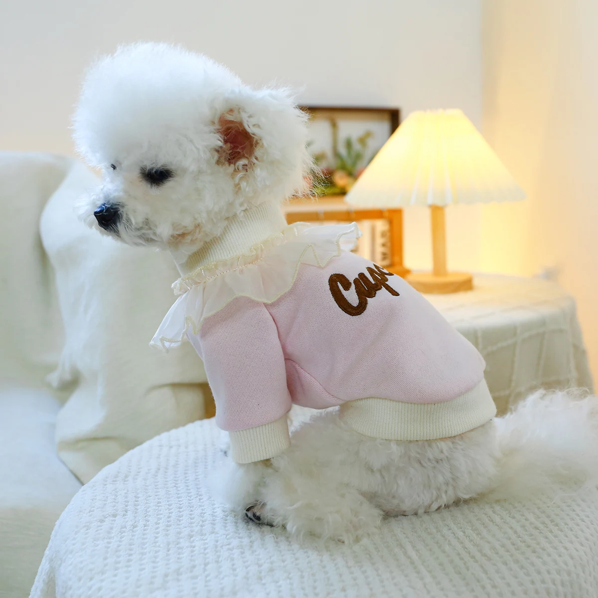 1PC Pet Clothing Cat Spring Autumn Plush Thickened Pink Cake Lace Pullover Round Neck Shirt Suitable for Small and Medium Dogs