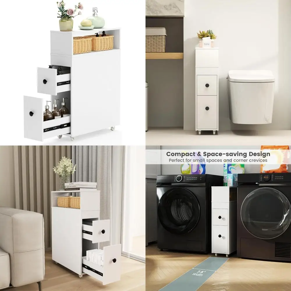 خزانة تخزين الحمام الضيقة مع درجين منزلقين، وسلتين من الروطان، ورفوف #1