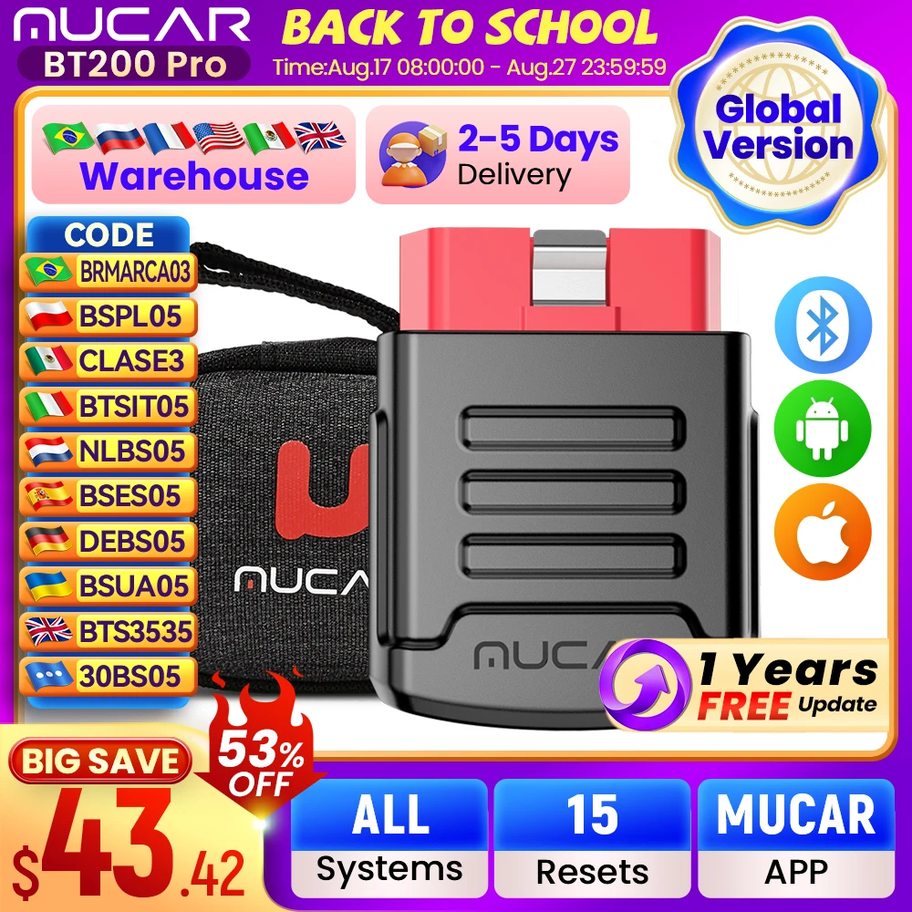 MUCAR BT200/BT200 PRO Bluetooth Car Diagnostic Tool Oil IMMO SAS 15 Reset OBD2 Scanner Auto Code Reader for Full System Diagnose