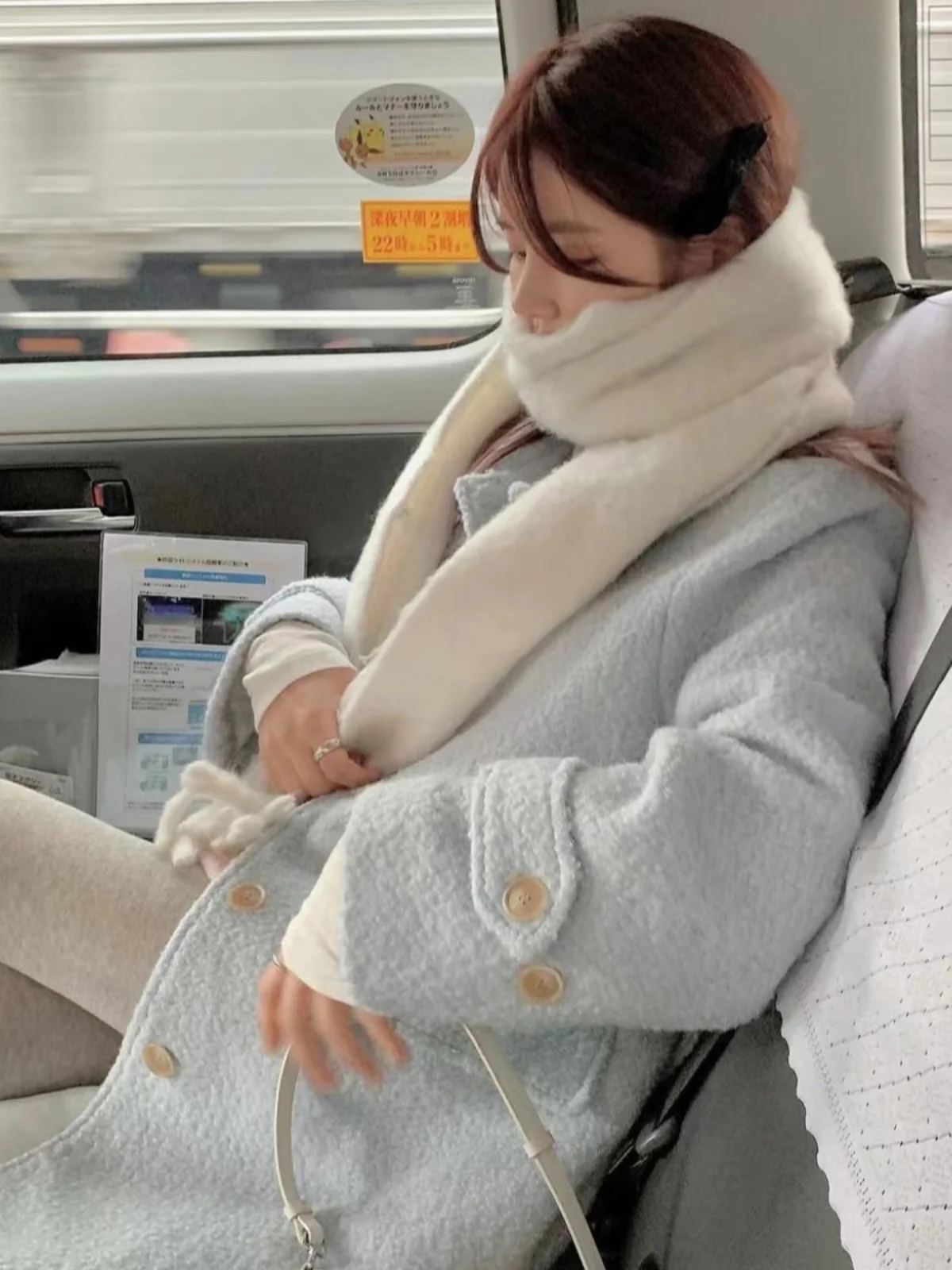 Soft Blue Woolen Coat Long Sleeve Women's Outerwear Korean Style Winter Fashion over Knee High End Feeling Straight Cut Coat