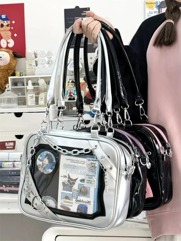Silver Transparent Crossbody Bag with Buckle Soft PU Material Sweet College Style Girls Bag Three Straps Washable Geometric P...