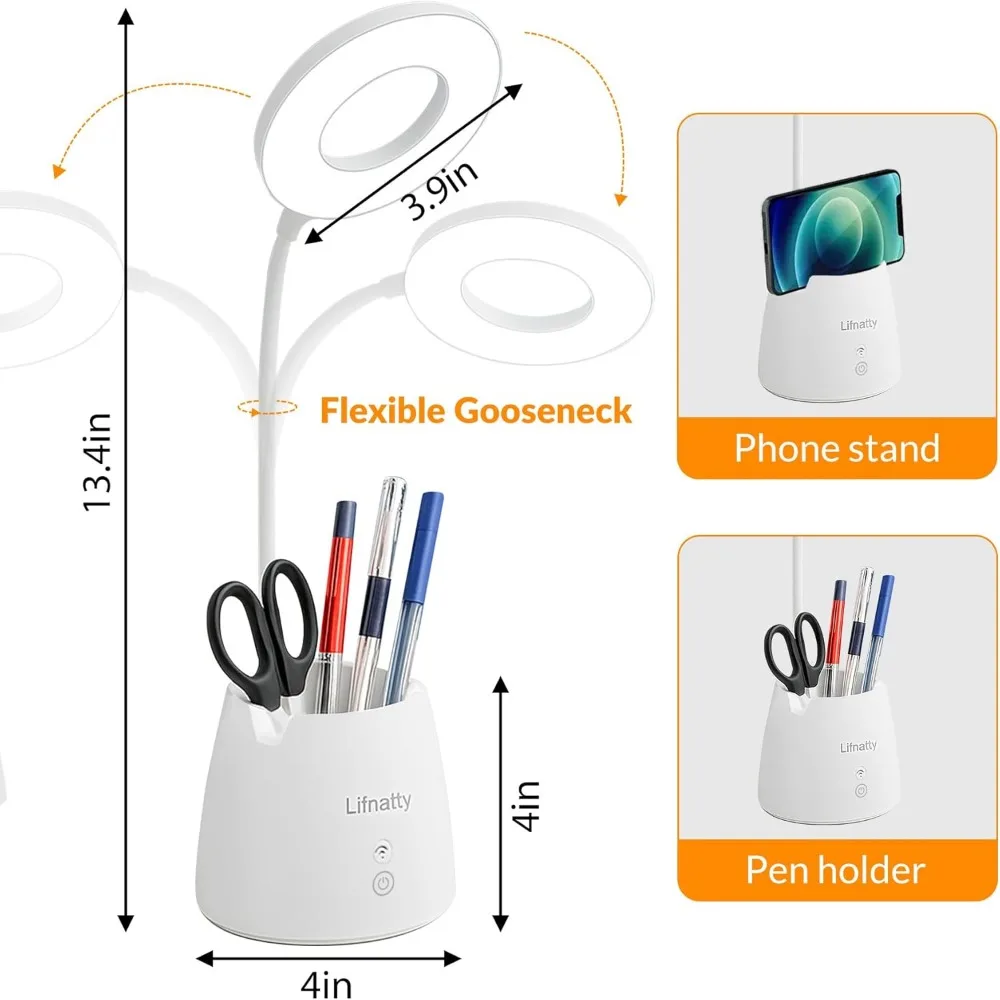 Desk Lamp, Led Desk Light, Dimmable Small Table Lamp for Home Office, Wireless, Remote Control, 3 Modes, Gooseneck, Rechargeable