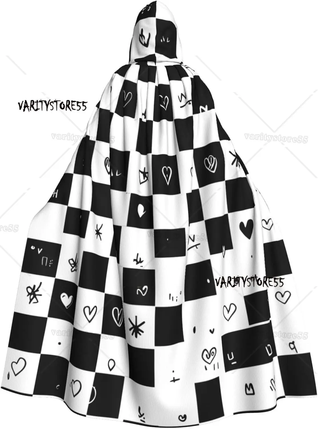 Checkerboard and Black Symbols Adult Halloween Cloak Hood Party Cape Perfect for Cosplay Halloween Parties Hooded Cloak