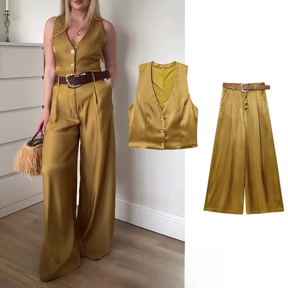 KONDALA عادية شيك الأصفر الساتان النساء الدعاوى الخامس الرقبة أزرار سترة عالية الخصر بنطال ذو قصة أرجل واسعة موضة 2025 الصيف عطلة الدعاوى