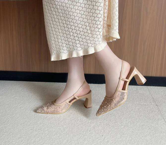 Pink Square Heels Pumps Shoes For Women Slip On Slingbacks Pointed Toe Mules Fashion String Bead Dress Ladies High Heels Shoes