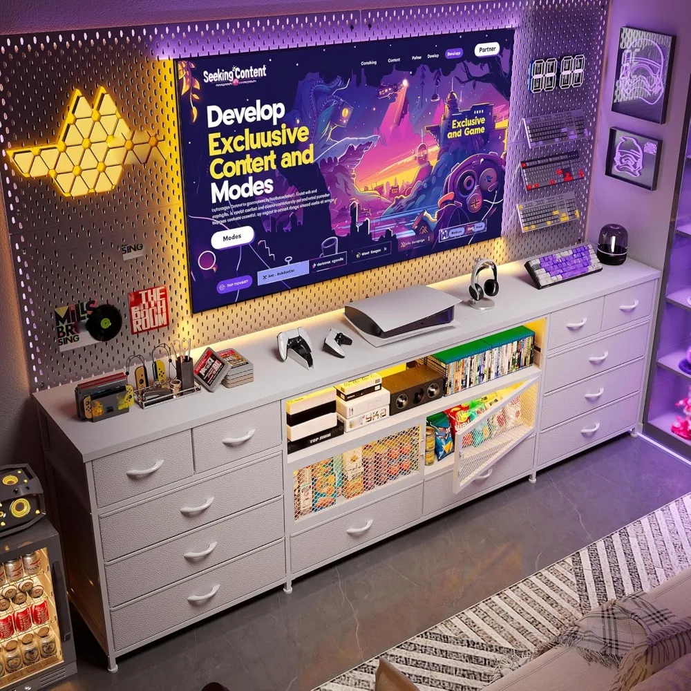 LED TV Stand for 85/80/75 Inch TVs with Charging Station, Sturdy Bedroom Dresser with 12 Fabric Drawers