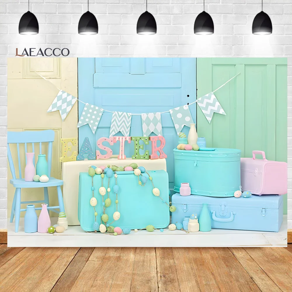 Laeacco Spring Easter Photography Backdrop Rustic Wood Barn Door Rabbit Eggs Room Decor Kids Newborn Portrait Photo Background