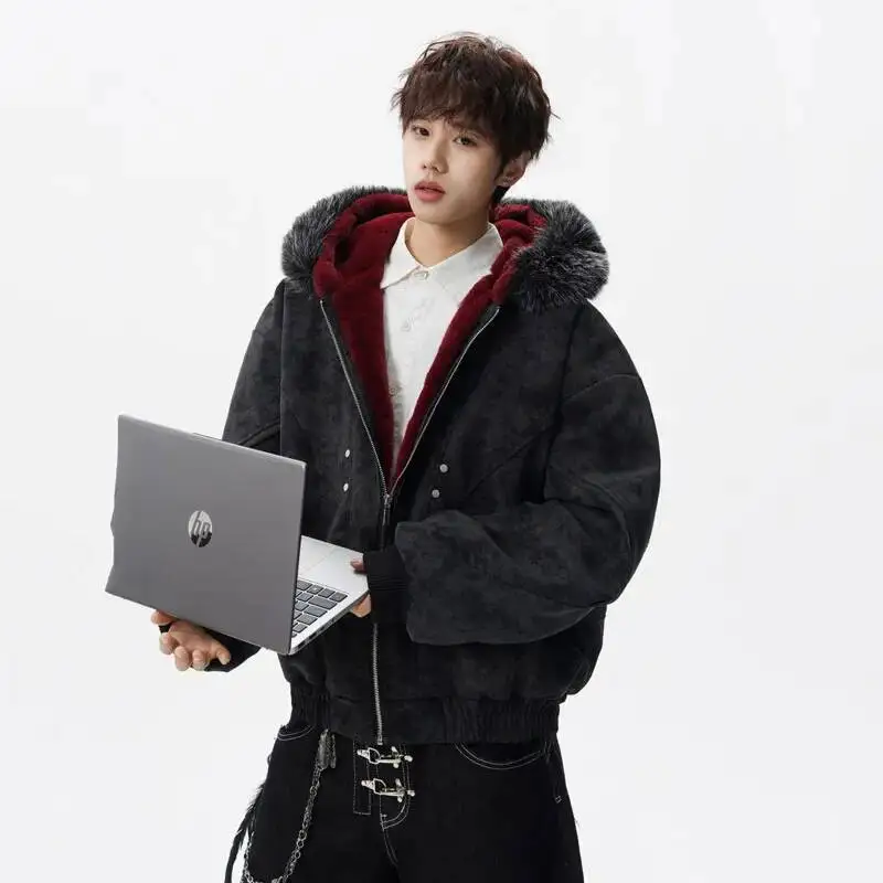 Fashionable Versatile Fleece-lined Warm PU Leather Men's Cotton Jacket Hooded Fur Collar Causal Coat Winter News 9X7Z35